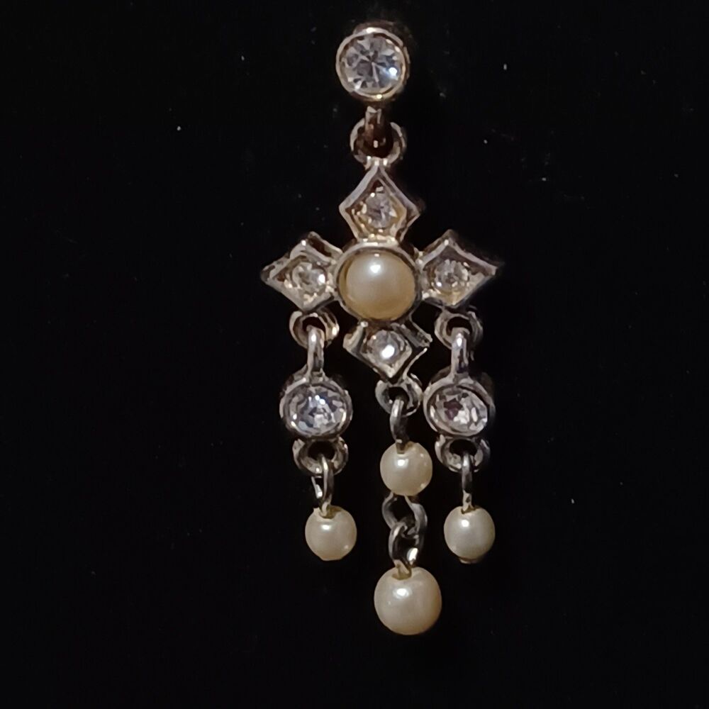 Vintage Silver-Toned Rhinestone and Faux Pearl Cross Chandelier Earrings - Picture 2 of 2